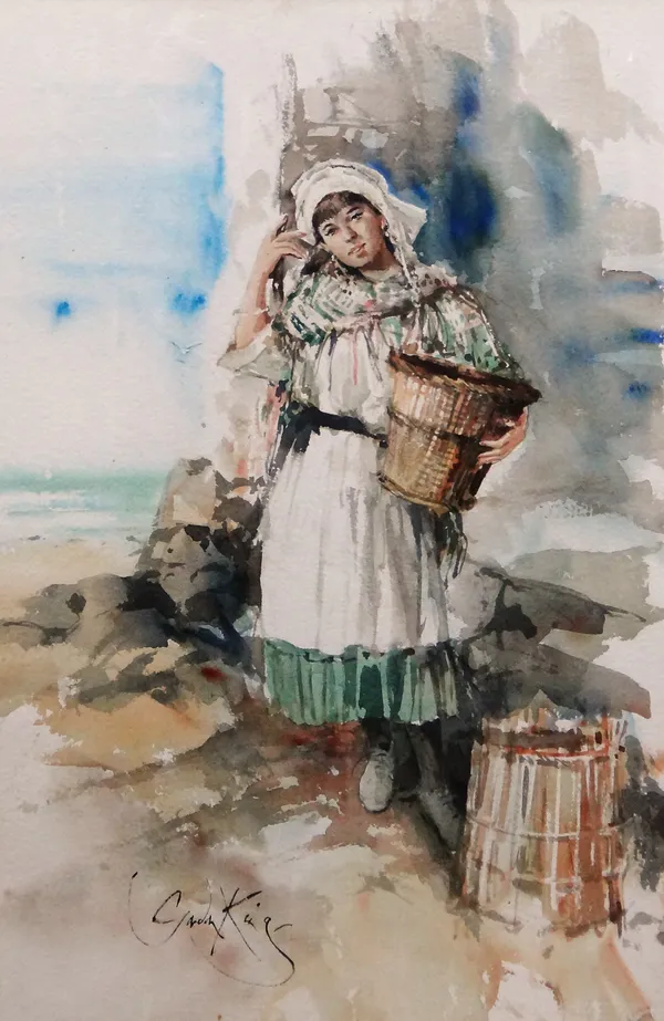 Gordon King (b.1939), Flower seller; Fish seller, a pair, watercolour, both signed, each 53cm x 34.5cm.(2) ARR