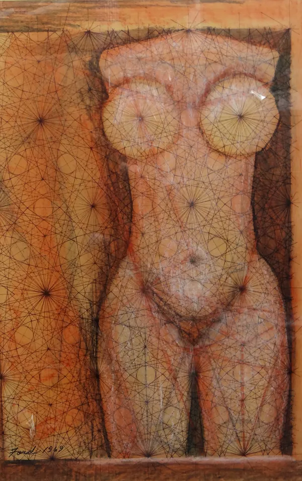 John Ford (20th century), Untitled (nude), mixed media, signed and dated 1969, 75cm x 50cm. ARR