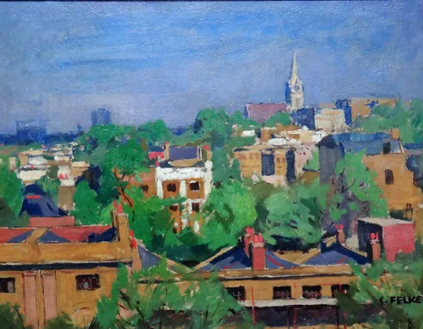 Carl Felkel (1896-1973), London roofline, oil on canvas, signed, 41.5cm x 54.5cm.