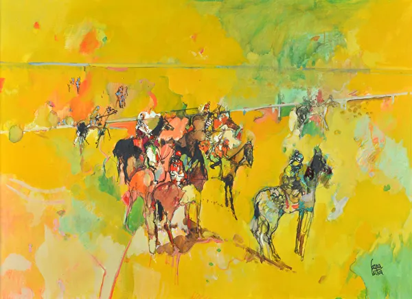 Philippe Cara Costea (1925-2006) Horses and riders, oil on canvas, indistinctly signed, inscribed and dated '71 on reverse, 71cm x 98.5cm. ARR