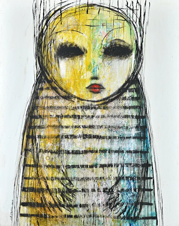 Mohanned Orabi (Syrian b.1977) Untitled, mixed media, Girl with Red Lips, signed 'ORABI 2007', 151cm x 120cm. Provenance; property from the late Sir D