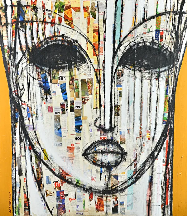 Mohanned Orabi (Syrian b.1977) Untitled, mixed media and collage, face portrait, signed 'ORABI 2007', 150cm x 130cm. Provenance; property from the lat