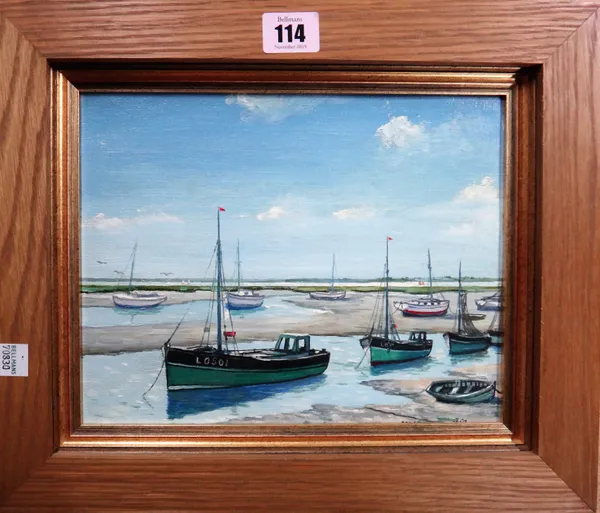 A. Weston (20th century), Cockle boats in the creek, Leigh-on-Sea, Essex, oil on canvasboard, signed, inscribed on reverse, 20cm x 24.5cm.