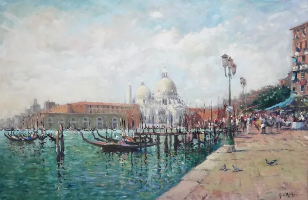 John Ambrose (b.1931), Santa Maria della Salute, Venice, oil on canvasboard, signed, 80cm x 121cm. ARR