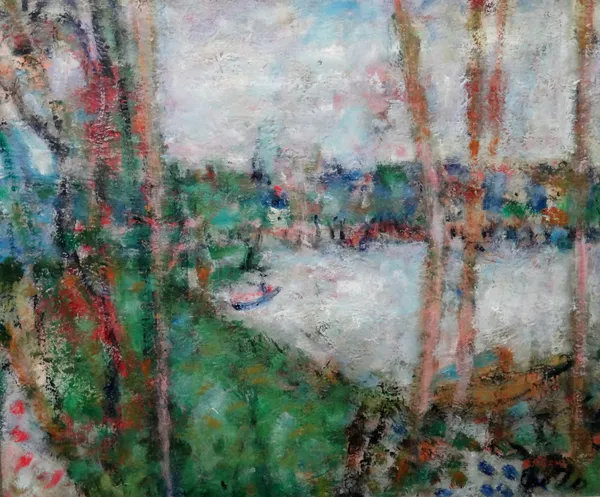 Attributed to Paul Crotto, A wooded river landscape, oil on canvas, bears signature and date 1963 on reverse, 53cm x 64cm