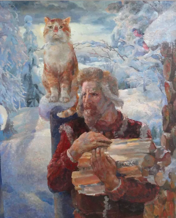 Russian School (20th century), Wood gatherer and cat, oil on canvas, signed, inscribed and dated 1965 on reverse, 120cm x 100cm.