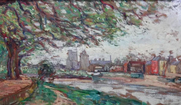 Charles Genge (1874-1958), View across a river, oil on board, signed, with a still life verso, 34cm x 59.5cm.; together with a further unframed work '