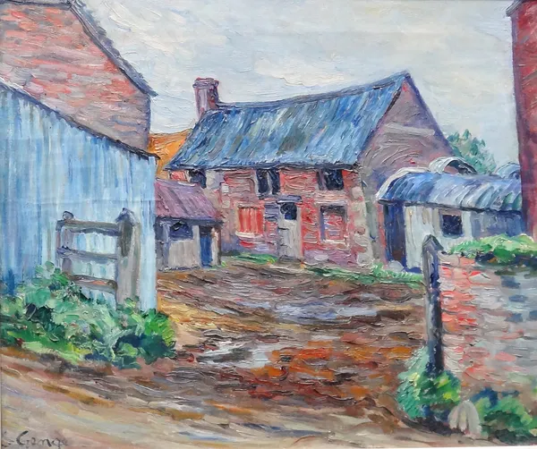 Charles Genge (1874-1958), Farmyard entrance, oil on canvas, signed; signed and inscribed on reverse, 36.5cm x 44cm.; together with three further unfr