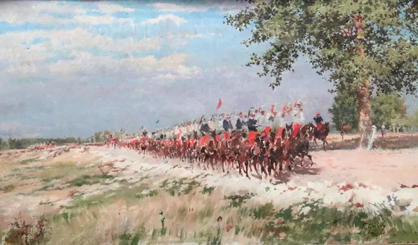 Ferdinand Joseph Gueldry (1858-1945), Cavalry parade, oil on canvas, signed, 29cm x 49.5cm.