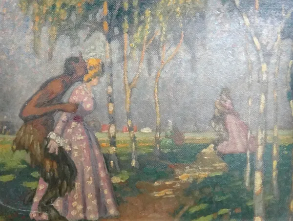 Ernst Schwartz (1883-1932), 'Verführung', possibly a scene from A Midsummer Night's Dream, oil on board, indistinctly signed, inscribed on reverse, 33