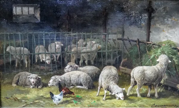 Charles Ferdinand Ceramano (1829-1909), Sheep in a barn, oil on canvas, signed, 27cm x 45cm.