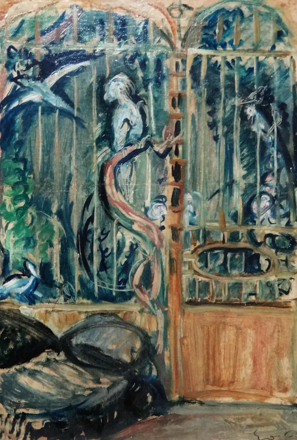 Continental School (20th century), Parrots in an aviary, oil on canvas, indistinctly signed with monogram, indistinctly inscribed on reverse, 44.5cm x