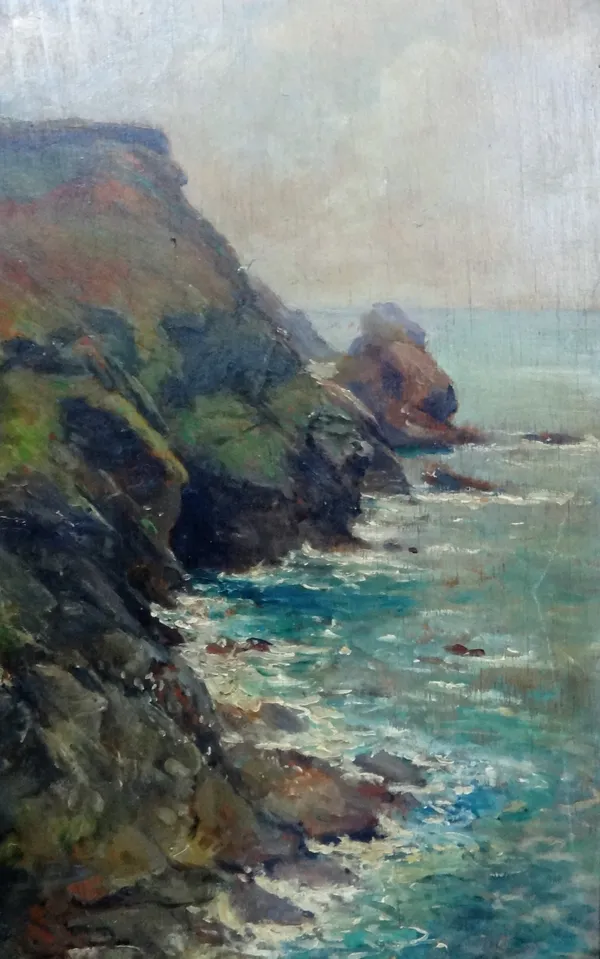 Harold Vernon (19th/20th century), The Cornish Coast, oil on panel, signed, inscribed on label verso, 42cm x 47cm.