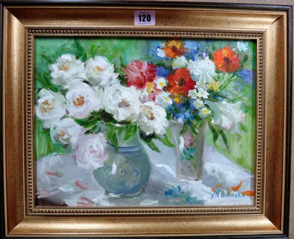 Russian School (20th century), Floral still life studies, two, oil on canvasboard, one signed, the larger 26.5cm x 34cm.(2)