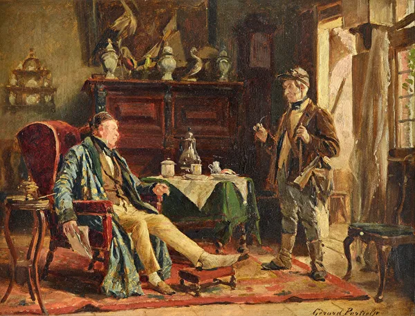 Gérard Jozef Portielje (1856-1929), Visiting an old friend, oil on board, signed, 26cm x 34.5cm.