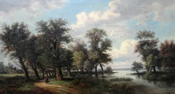 Continental School (19th century), Wooded river landscape, oil on canvas, indistinctly signed, 49.5cm x 92cm.