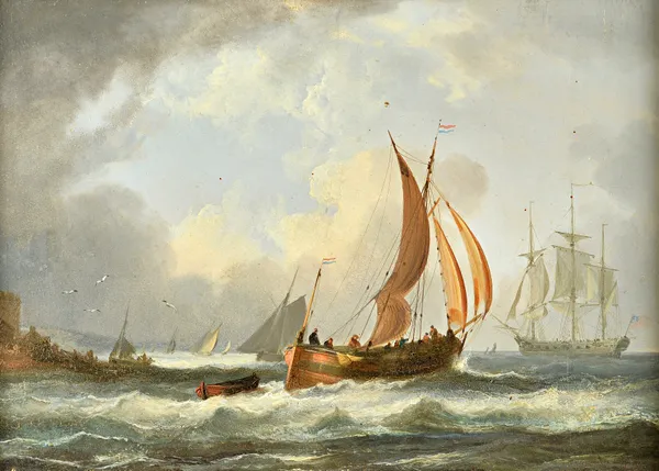 Attributed to Thomas Buttersworth (1768-1842), A Dutch merchant vessel with a British naval ship in coastal waters, oil on board, 24cm x 34cm. Illustr