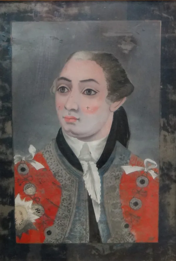 Company School (18th/19th century), Portrait of a lady; Portrait of a gentleman, two, oil reverse painted on glass, each approx 50cm x 34cm.(2)