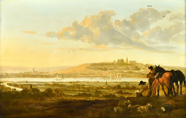 Follower of Aelbert Cuyp, Horsemen resting in an estuary landscape, oil on panel, 35cm x 55.5cm.