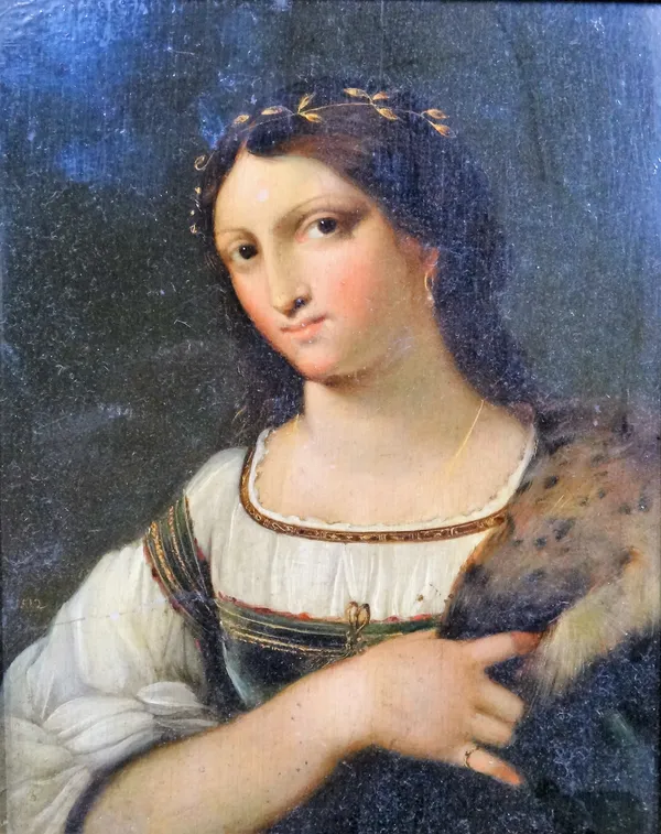 After Sebastiano del Piombo, Portrait of a woman, oil on panel, 19.5cm x 15.5cm.; in a carved and pierced Florentine giltwood frame.