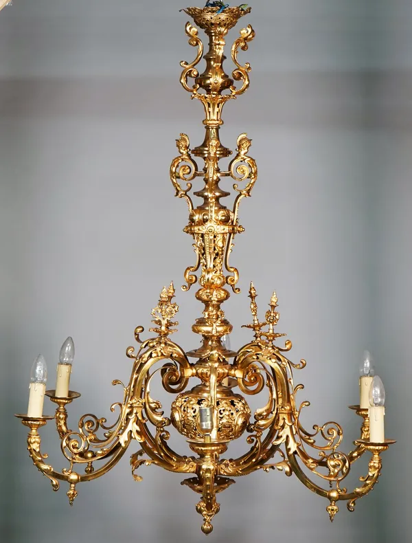 An ormolu six branch chandelier, Louis XVI style, foliate cast form, 116cm high.