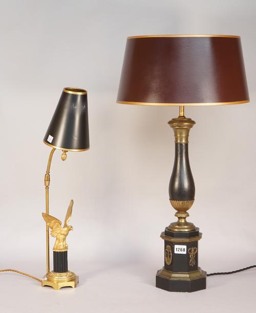 A Regency style ebonised wooden table lamp with gilt metal mounts on an octagonal base, with shade, 68cm high overall and an Empire style gilt metal t