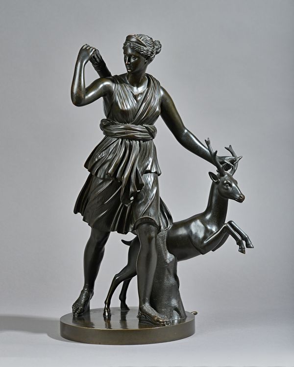 After the antique, patinated bronze, late 19th century, Diana the Huntress with foundry inscription 'B.Boschetti Roma', on a circular plinth, 49cm hig