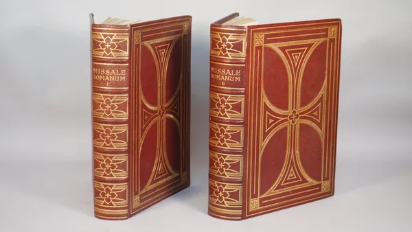 Two leather bound volumes 'Missale Romanum' with gilt tooled decoration, 38cm high, (2).