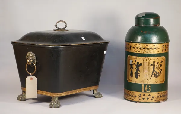 A Regency style coal purdonium with lion ring handles and lion paw feet, 48cm wide, a tôle peinte tea cannister and cover detailed with Chinese style