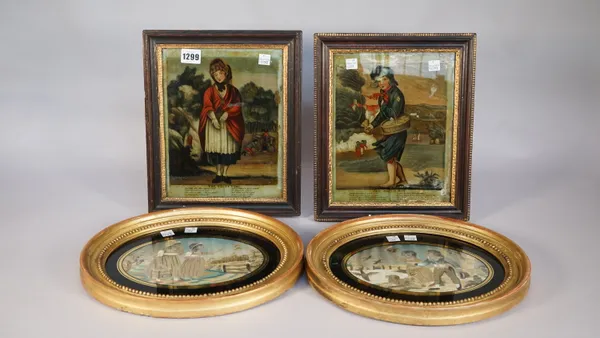 A pair of reverse painted pictures on glass, 'The Match Boy' and 'The Gypsy Girl', 25cm x 19cm and a pair of silk work pictures depicting children aga