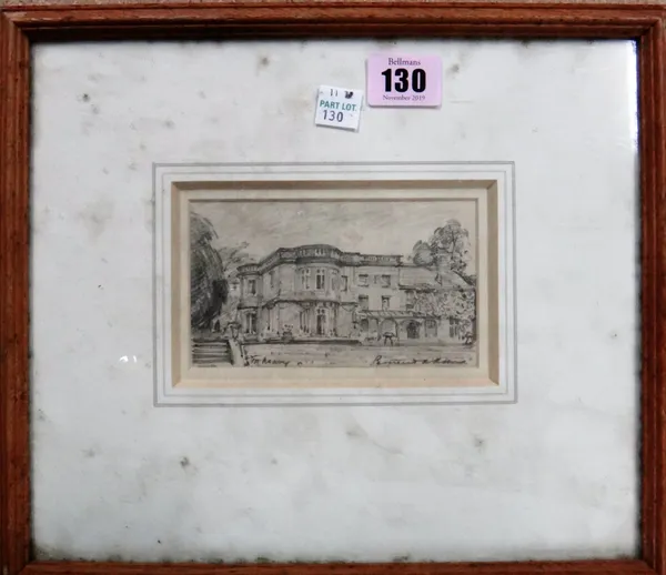 A group of five, including a pencil drawing of a country house, indistinctly signed, two pen and ink illustrations by David Knight for the Motor Show,