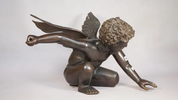 A modern bronze 'Cupid' modelled kneeling, with arm outstretched, 39.5cm high, (a.f.).