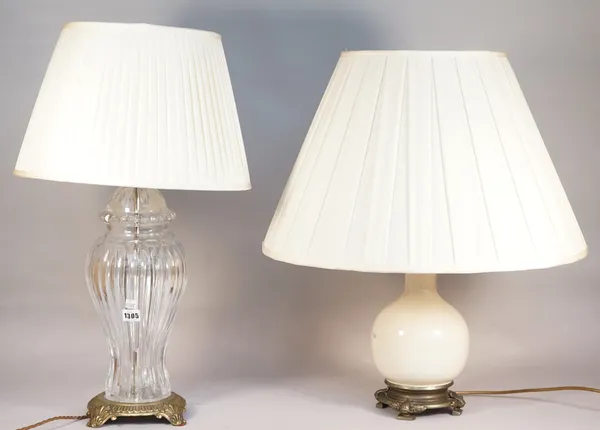 A modern glass and gilt metal table lamp of fluted baluster form and a Chinese style pottery table lamp, both with pleated cream shades, the first 71c