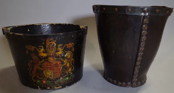 An 18th century leather fire bucket with painted Coat of Arms 34cm high and another.