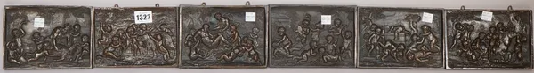 Six rectangular bronze plaques, early 20th century, each relief cast with putto depicting differing mythological scenes, unsigned, 15.5cm x 11cm, (6).