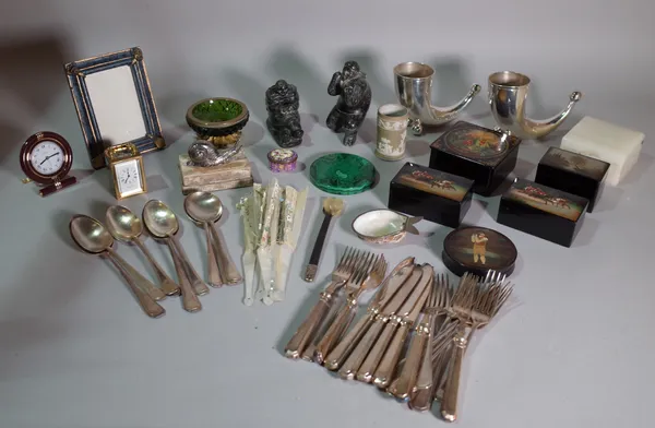 Collectables, including; a Carter travel clock, white metal model of a snail, Russian lacquer boxes, mother-of-pearl fan, silver plate cornucopia vase