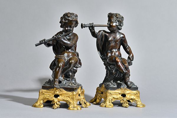 A pair of French ormolu mounted bronze figures, circa 1870, each putto figure playing flute or piccolo on a foliate cast base, 31cm high, (2). Illustr