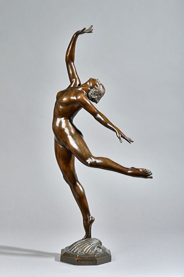 Beneduce. G. Firenze 'Sea Nymph', bronze female nude, circa 1900, raised on a clam shell and octagonal base, titled 'SEA NYMPH' and signed, 67cm high.