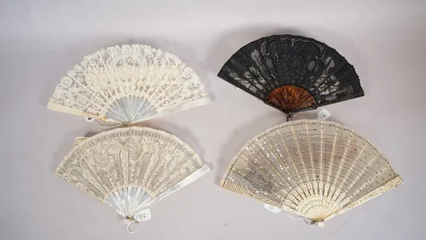 J. Duvelleroy, a French lace and mother-of-pearl fan, circa 1900, 22cm, cased, another Duvelleroy black lace and faux tortoiseshell fan, cased and two