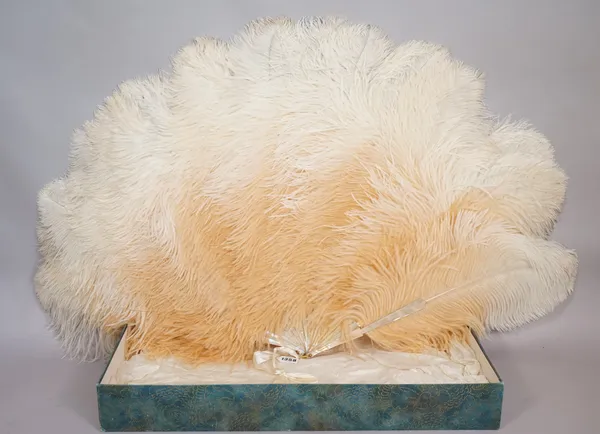 J. Duvelleroy, a French ostrich feather fan of large proportions, early 20th century, with mother-of-pearl sticks and original box, the fan 56cm.