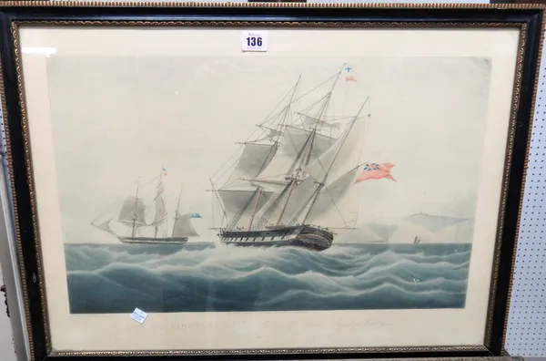 After William J. Huggins, The defeat of the Squadron of Don Miguel; The Wellington; Velos Pasahera, three aquatints with hand colouring, two 42cm x 60