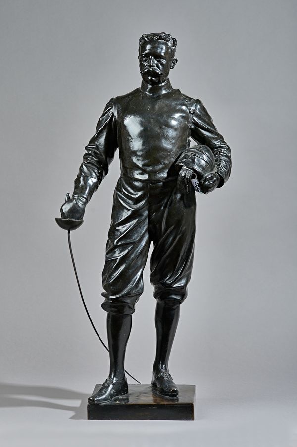 An Italian bronze figure of a fencer, after V C Bonanni, signed and dated 'V C BONANNI 1908', 69cm high. Illustrated