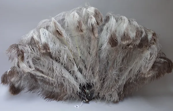 An ostrich feather fan from Sieradzkis, Johannesburg, with tortoiseshell sticks, 62cm, a smaller ostrich feather and mother-of-pearl fan, 40cm, spare