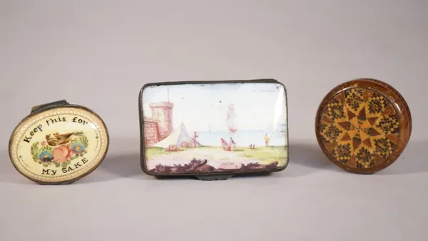 An 18th century Bilston type enamel patchbox of rectangular form decorated with a seascape, 6.5cm wide, another smaller oval Bilston type enamel oval