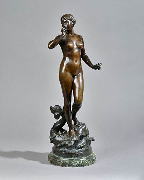 E Deplechin; 'Amphitrite' bronze female nude, circa 1900, modelled and cast on top of a swirling sea with mythological dolphin, signed and titled on a