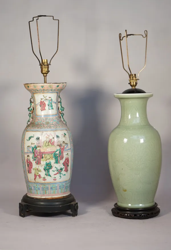 A modern Chinese celadon vase table lamp on a wooden base and a Chinese famille rose vase table lamp on an ebonised wooden base, the first vase 45cm h