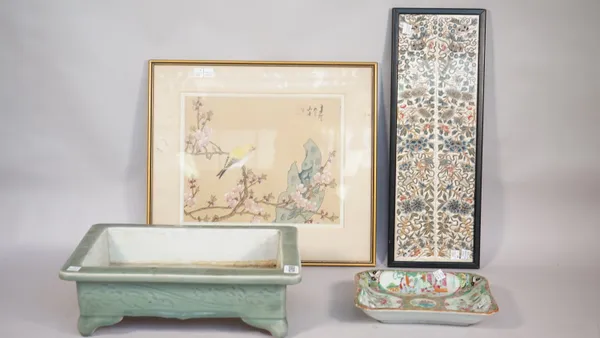 A modern Chinese celadon planter of rectangular from, 36.5cm wide, a Cantonese rectangular porcelain dish, 23cm wide, a Chinese embroidered panel, fra