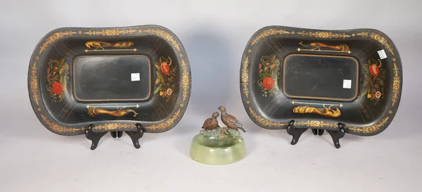 An Austrian cold-painted bronze and onyx pin dish, early 20th century, cast with polychrome painted pheasants, 12cm diameter and two Regency style tol