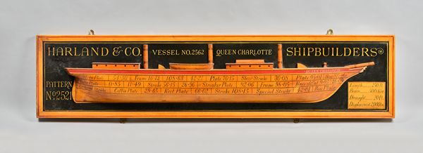 A Harland & Co ship builders wooden wall plaque, 20th century relief carved and titled 'Harland & Co Vessel No 2562 Queen Charlotte ship builders', th