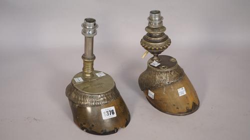 Rowland Ward; taxidermy horses hooves, late 19th century, both adapted as lamps, each with silver plated mounts, one match striker the other with two